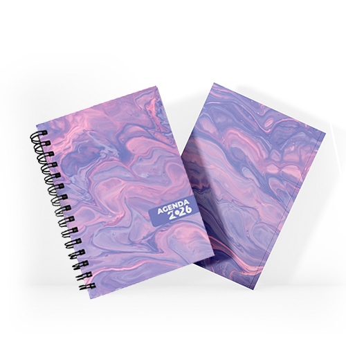 Agenda 2026 tamanho 15x21cm com capa dura em papel empastada com cartão e debrú laminação Prolan, lombada quadrada ou wire-o e miolo pronto